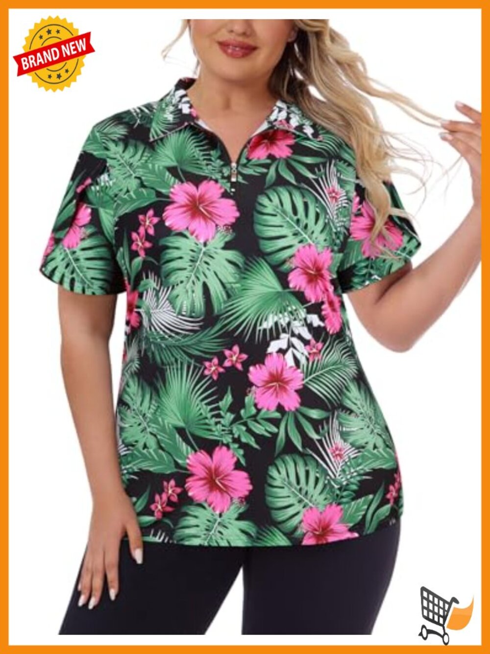 Plus Size Golf Polo Shirt Zip Up Short Sleeve UPF 50+ Loose Fit